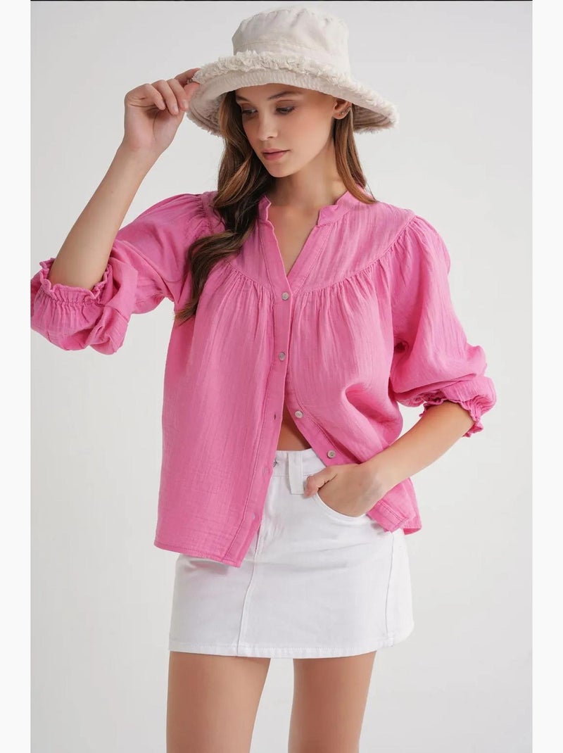 Chemise en coton à col mao et boutons mixray Rose fluo/Solinotes - Kiabi
