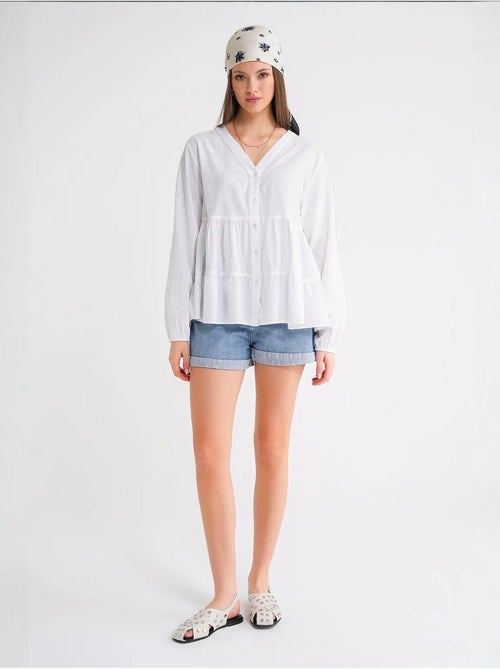 Chemise en coton à manches longues et col en v à volants mixray - Kiabi