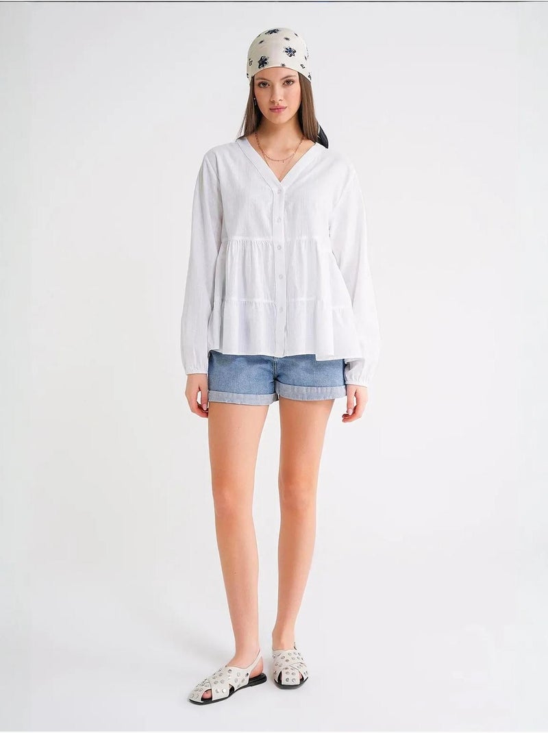 Chemise en coton à manches longues et col en v à volants mixray Blanc - Kiabi