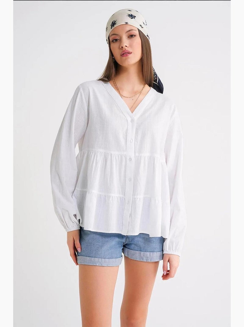 Chemise en coton à manches longues et col en v à volants mixray Blanc - Kiabi