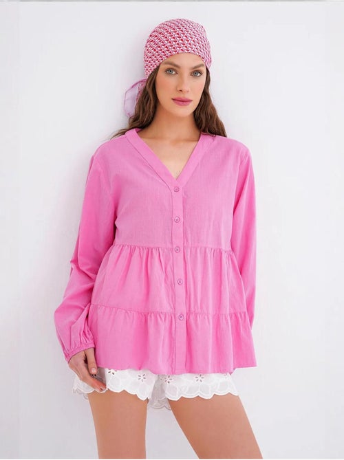 Chemise en coton à manches longues et col en v à volants mixray - Kiabi