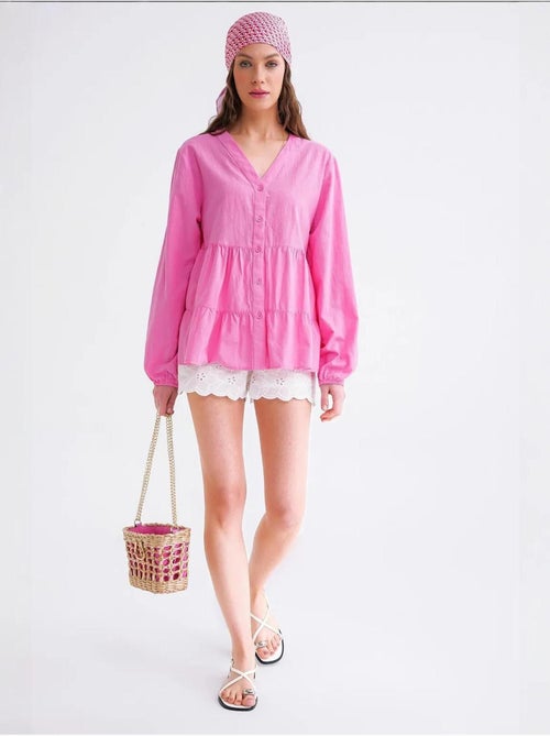 Chemise en coton à manches longues et col en v à volants mixray - Kiabi