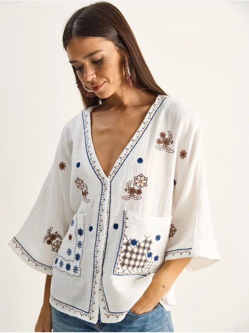 Chemise en coton crêpe brodée à col v lucci - Kiabi
