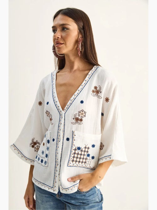 Chemise en coton crêpe brodée à col v lucci - Kiabi