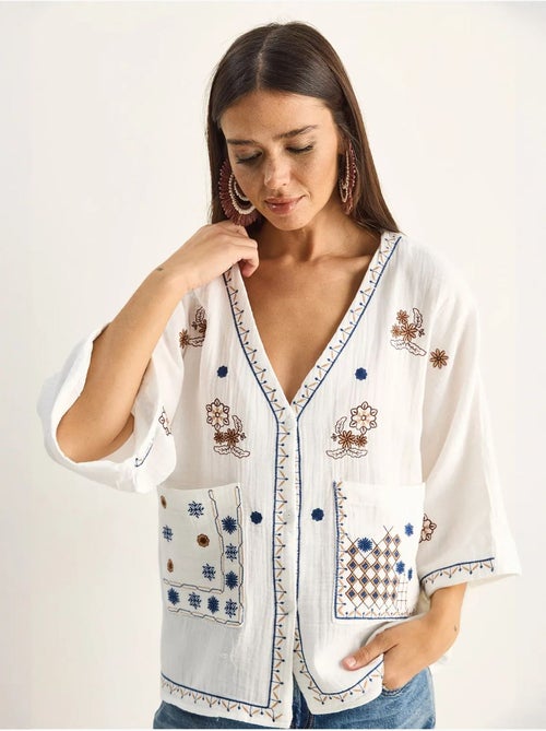 Chemise en coton crêpe brodée à col v lucci - Kiabi