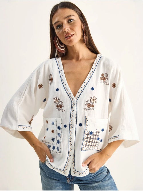 Chemise en coton crêpe brodée à col v lucci - Kiabi