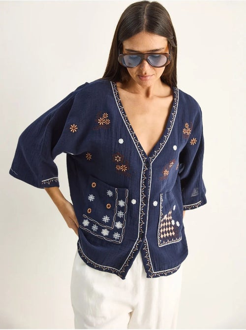 Chemise en coton crêpe brodée à col v lucci - Kiabi