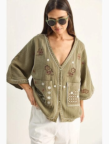Chemise en coton crêpe brodée à col v lucci