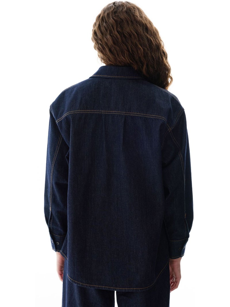 Chemise en denim à col polo, boutonnée, à manches longues penti Bleu outremer - Kiabi