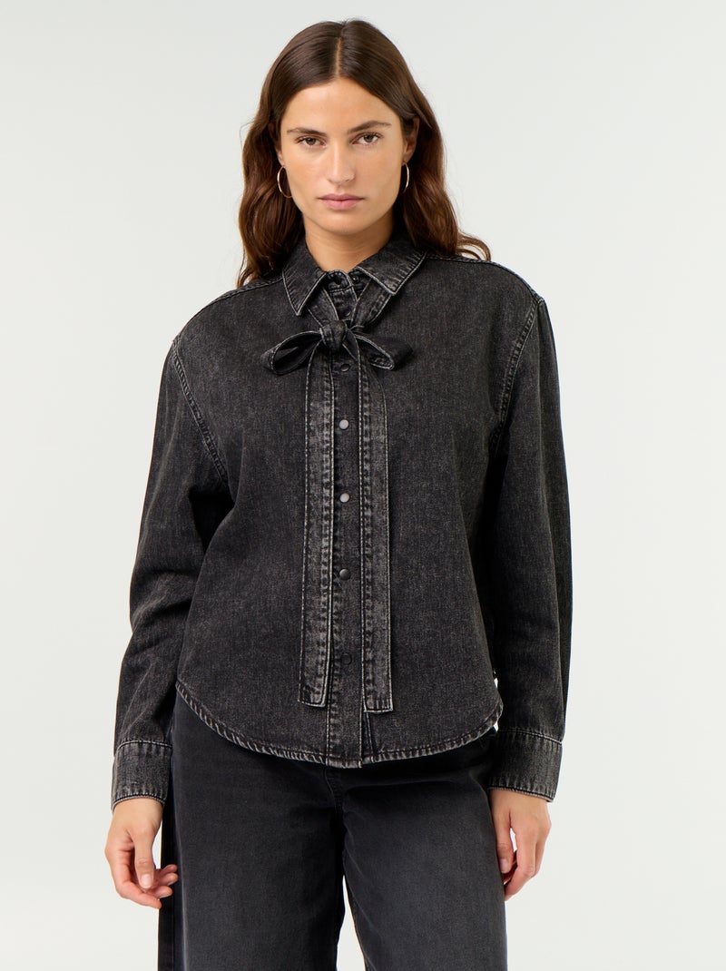 Chemise en denim avec col lavallière Noir - Kiabi