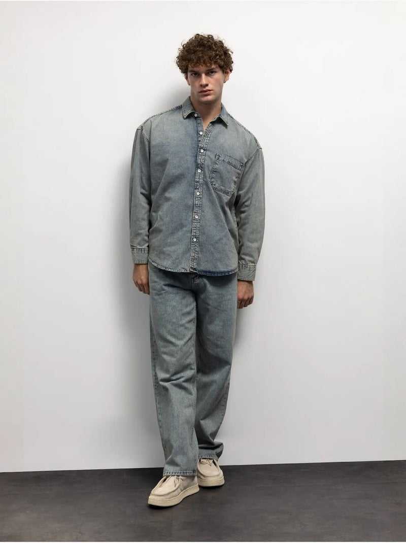 Chemise en jean coupe classique boutonnée avec poche giesto Bleu clair - Kiabi