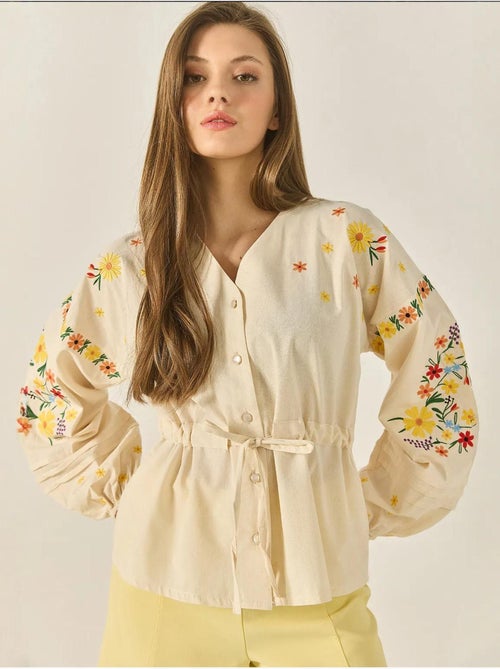 Chemise en lin à col en v brodée et poignets élastiques lucci - Kiabi