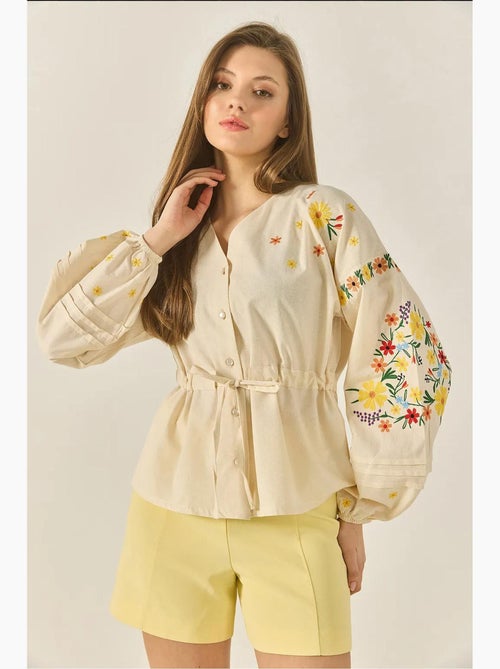 Chemise en lin à col en v brodée et poignets élastiques lucci - Kiabi