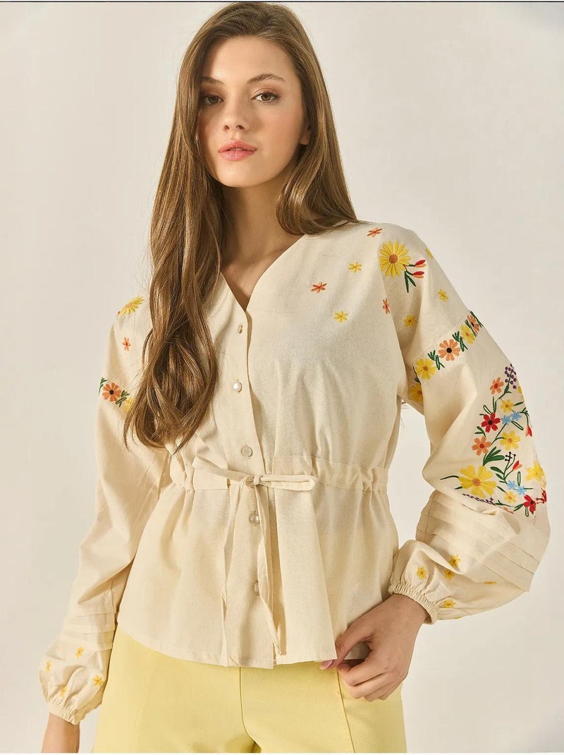 Chemise en lin à col en v brodée et poignets élastiques lucci Beige argile - Kiabi