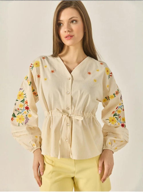 Chemise en lin à col en v brodée et poignets élastiques lucci - Kiabi