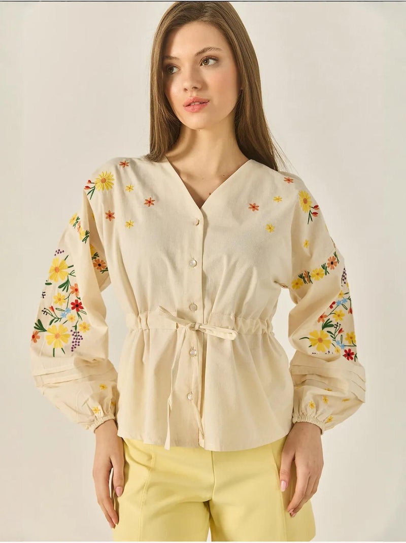 Chemise en lin à col en v brodée et poignets élastiques lucci Beige argile - Kiabi
