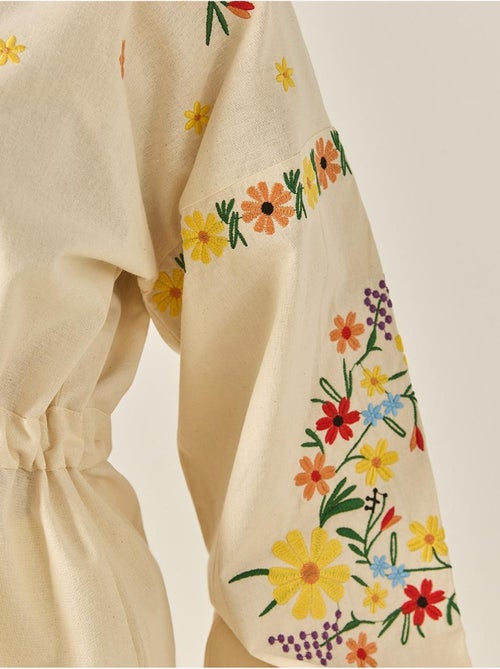 Chemise en lin à col en v brodée et poignets élastiques lucci - Kiabi