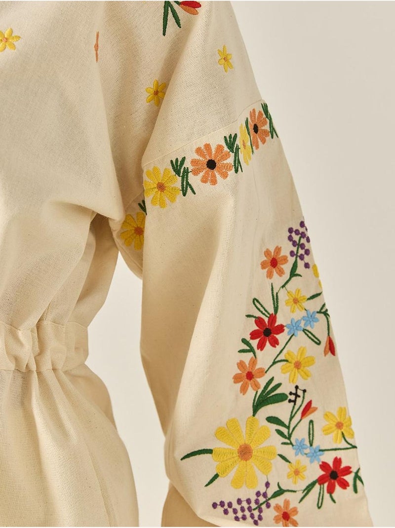 Chemise en lin à col en v brodée et poignets élastiques lucci Beige argile - Kiabi