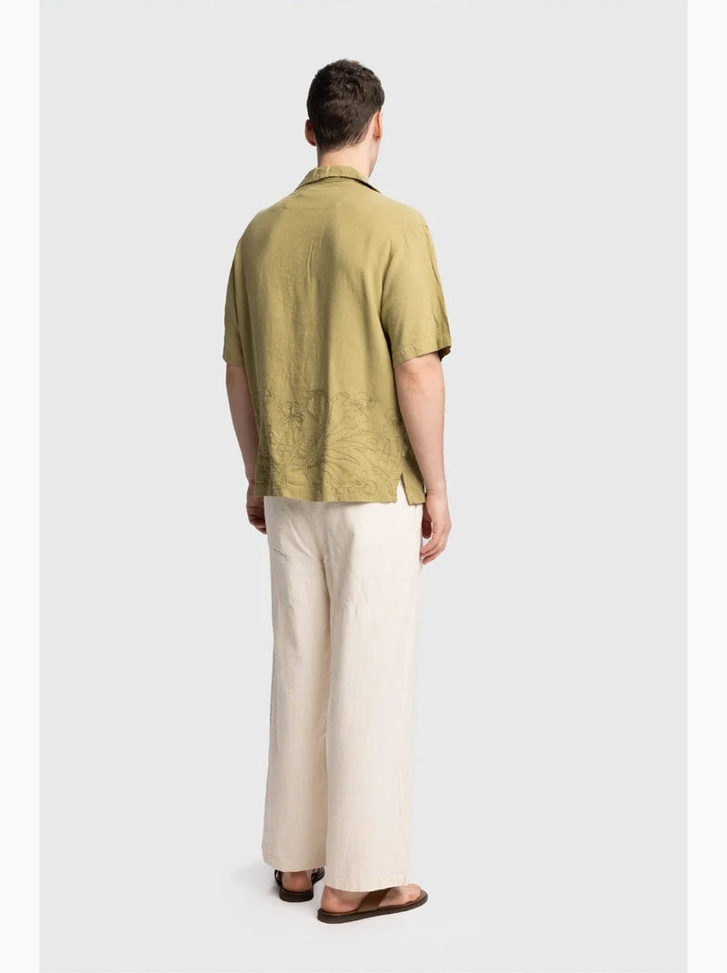 Chemise en lin brodée à manches courtes et col ouvert giesto Kaki - Kiabi