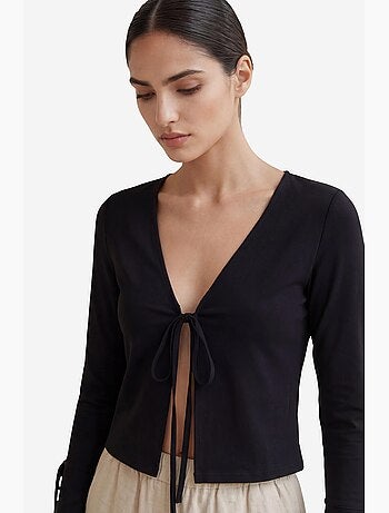 Chemise en lin courte à col en v et détail nœud papillon my fashion