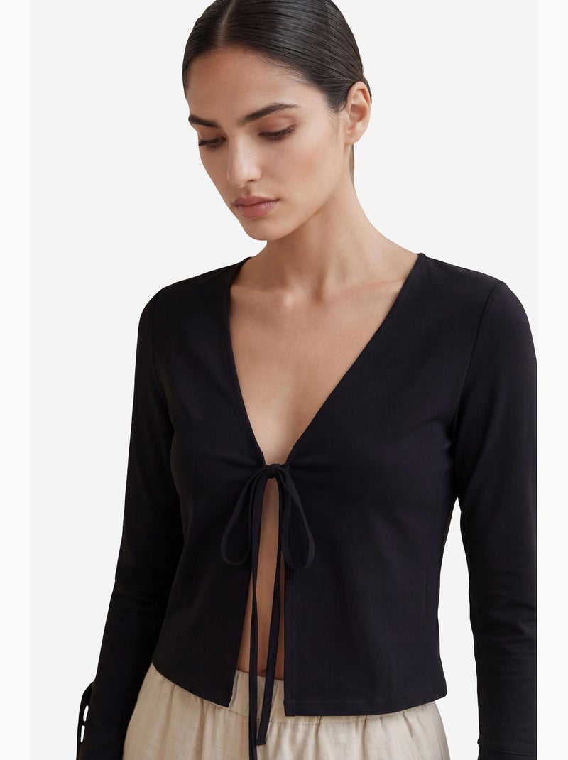 Chemise en lin courte à col en v et détail nœud papillon my fashion Noir - Kiabi