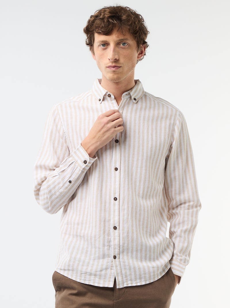 Chemise en lin et coton rayée Beige - Kiabi