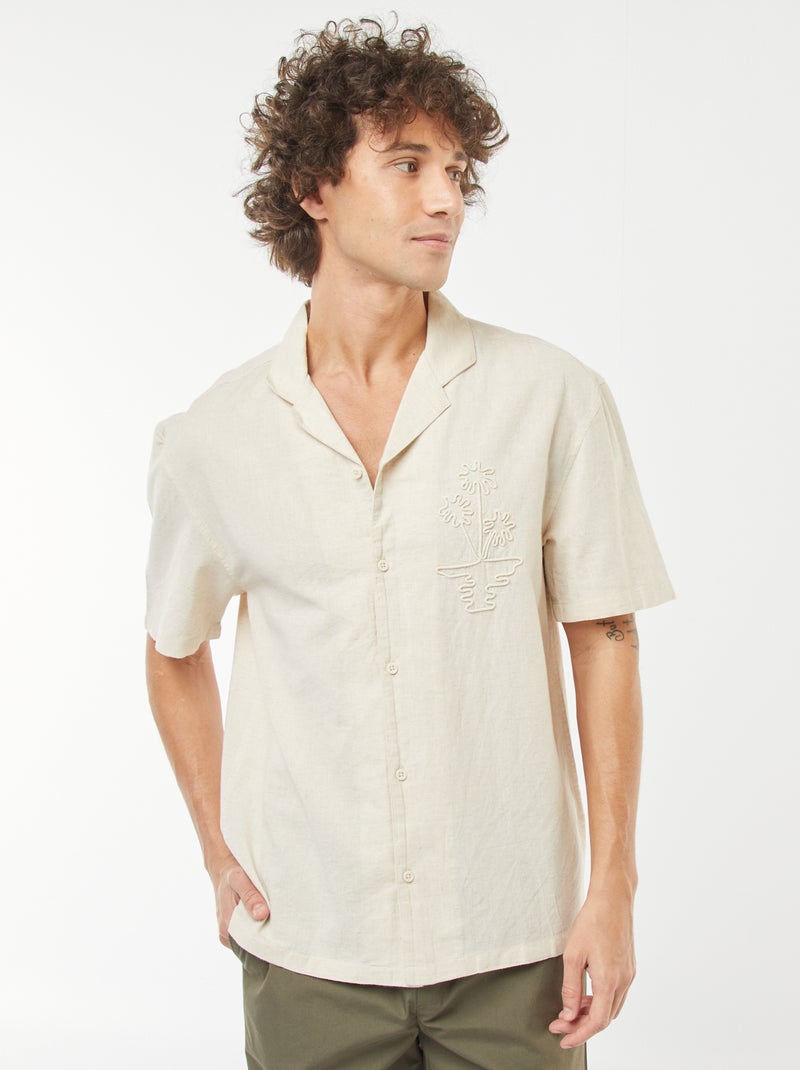Chemise en lin mélangé à manches courtes et avec broderies Blanc - Kiabi