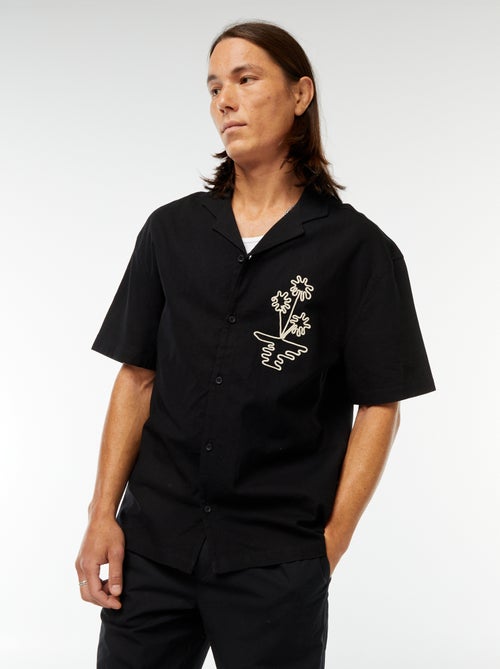 Chemise en lin mélangé à manches courtes et avec broderies - Kiabi