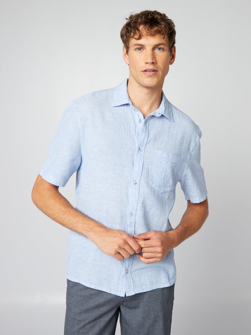 DESIGN - Chemise habillée en lin mélangé coupe classique - Bleu