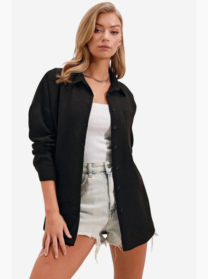 Chemise en mélange de lin avec fermeture à boutons bdart Noir - Kiabi