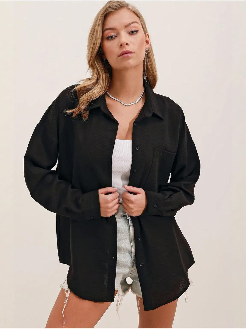 Chemise en mélange de lin avec fermeture à boutons bdart Noir - Kiabi