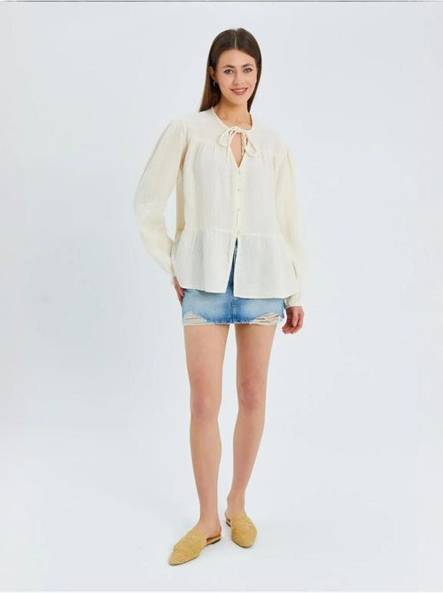 Chemise en seersucker à manches trois-quarts et col ras du cou avec détails de reliure mixray - Kiabi