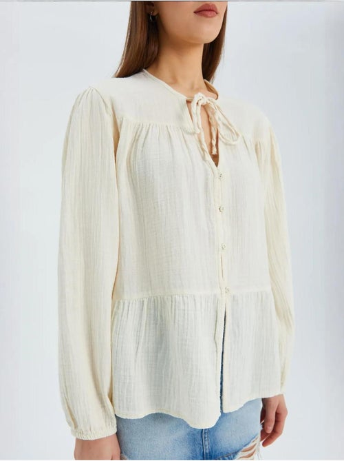 Chemise en seersucker à manches trois-quarts et col ras du cou avec détails de reliure mixray - Kiabi