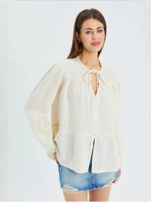 Chemise en seersucker à manches trois-quarts et col ras du cou avec détails de reliure mixray - Kiabi