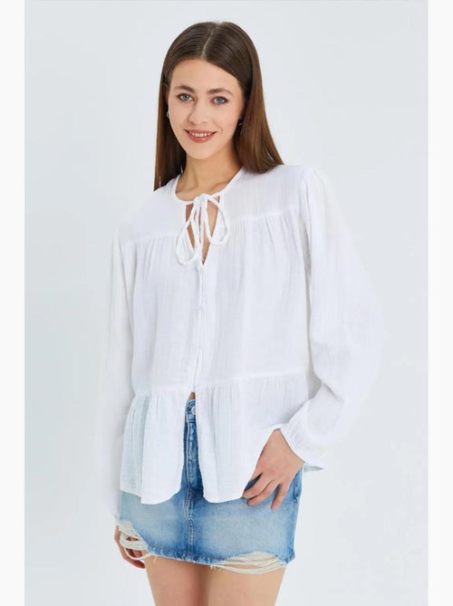 Chemise en seersucker à manches trois-quarts et col ras du cou avec détails de reliure mixray - Kiabi