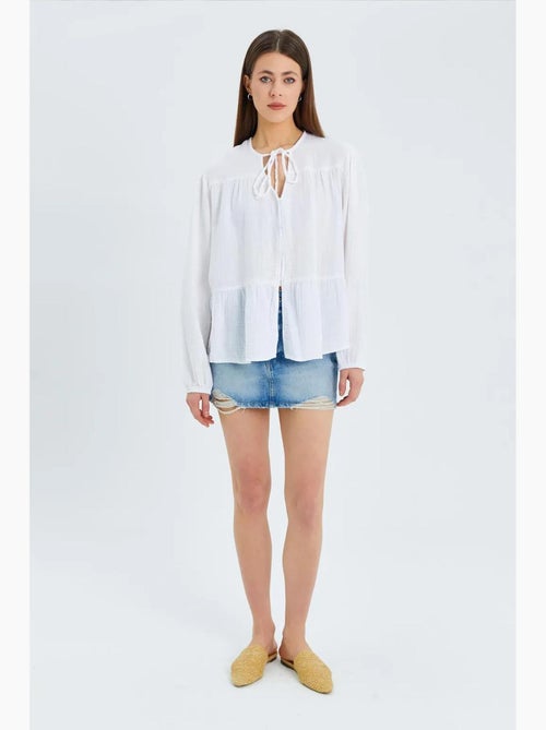 Chemise en seersucker à manches trois-quarts et col ras du cou avec détails de reliure mixray - Kiabi