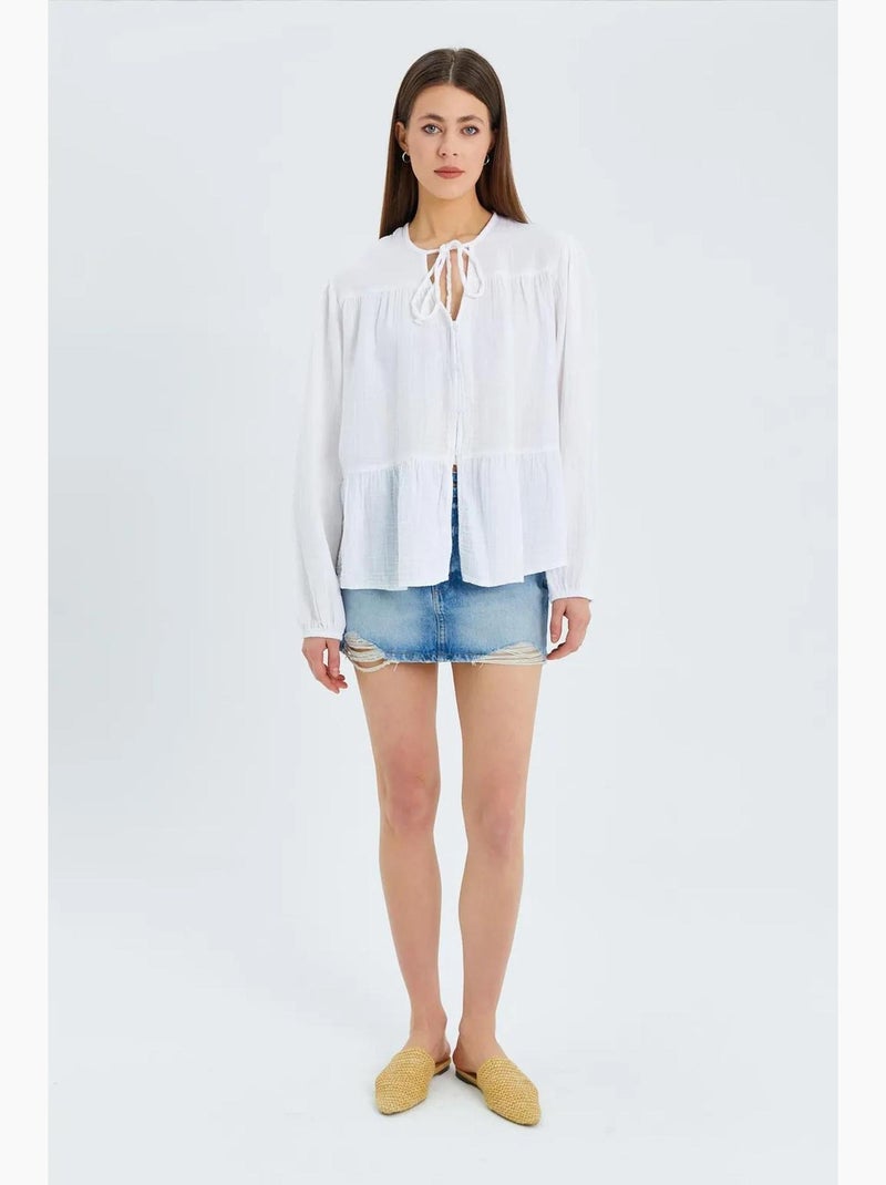 Chemise en seersucker à manches trois-quarts et col ras du cou avec détails de reliure mixray Blanc - Kiabi