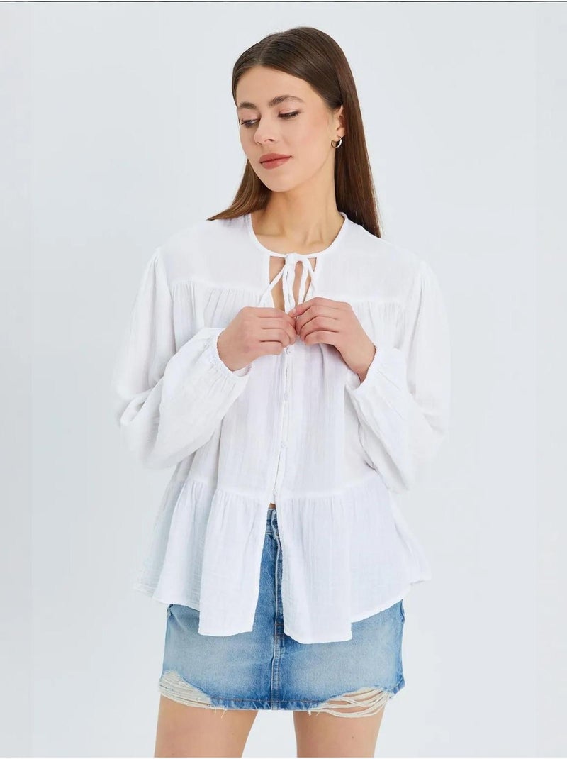 Chemise en seersucker à manches trois-quarts et col ras du cou avec détails de reliure mixray Blanc - Kiabi