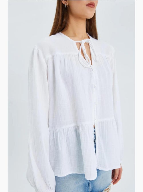 Chemise en seersucker à manches trois-quarts et col ras du cou avec détails de reliure mixray - Kiabi