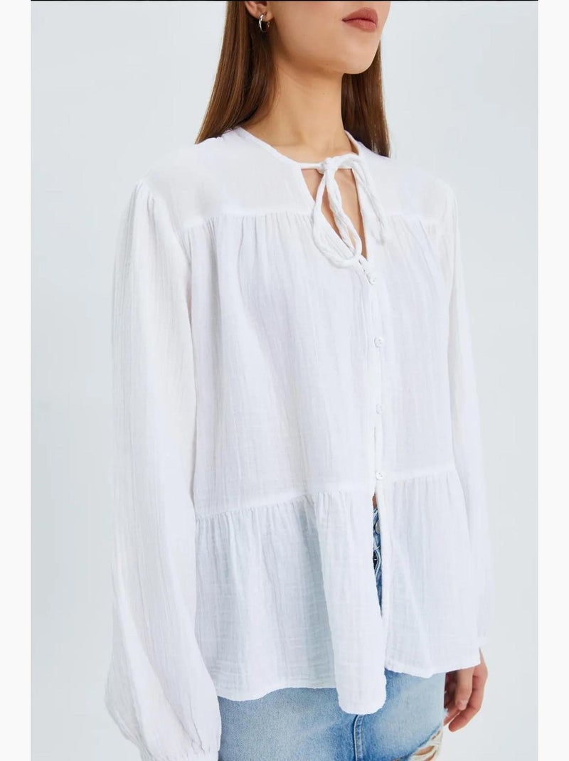 Chemise en seersucker à manches trois-quarts et col ras du cou avec détails de reliure mixray Blanc - Kiabi