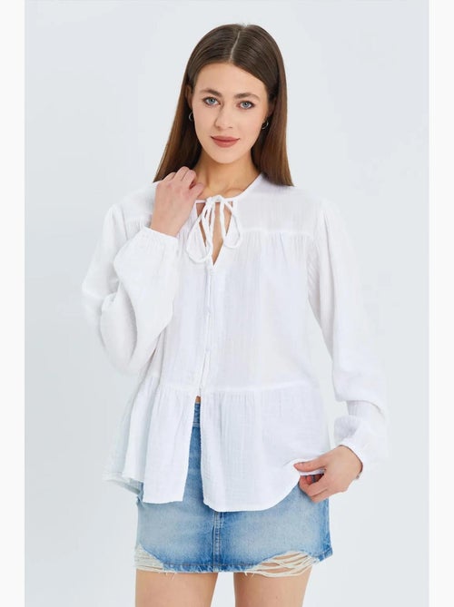 Chemise en seersucker à manches trois-quarts et col ras du cou avec détails de reliure mixray - Kiabi