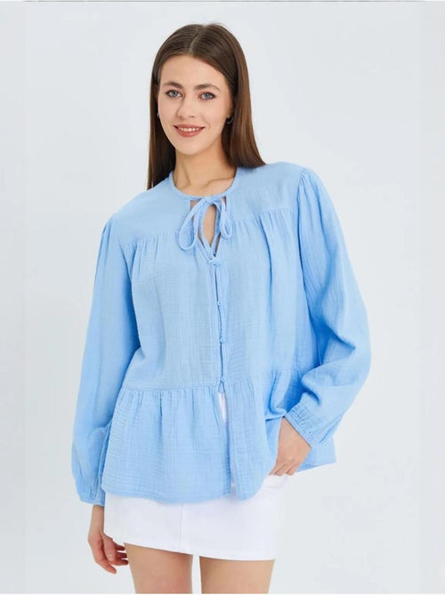 Chemise en seersucker à manches trois-quarts et col ras du cou avec détails de reliure mixray - Kiabi
