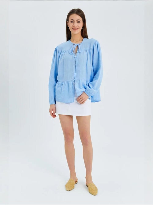 Chemise en seersucker à manches trois-quarts et col ras du cou avec détails de reliure mixray - Kiabi