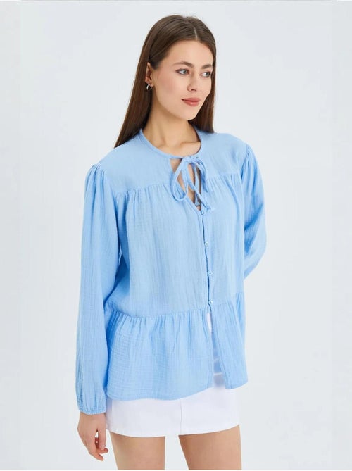 Chemise en seersucker à manches trois-quarts et col ras du cou avec détails de reliure mixray - Kiabi