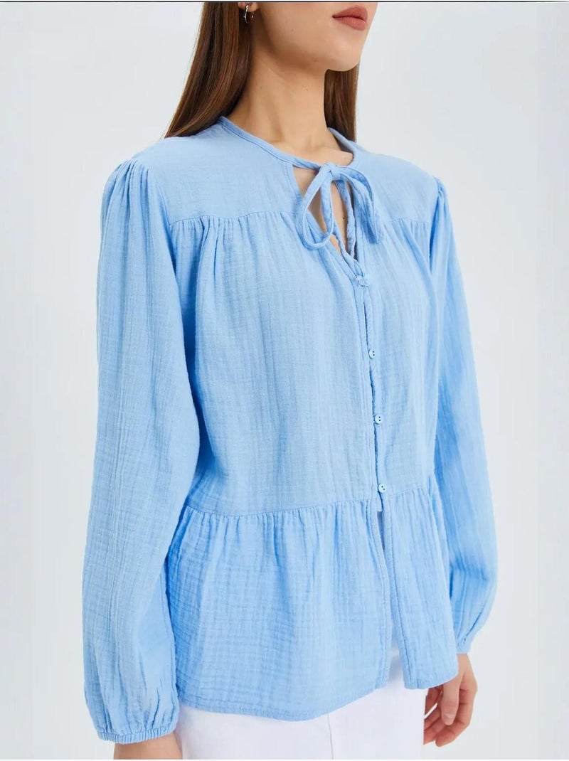 Chemise en seersucker à manches trois-quarts et col ras du cou avec détails de reliure mixray Bleu ciel - Kiabi