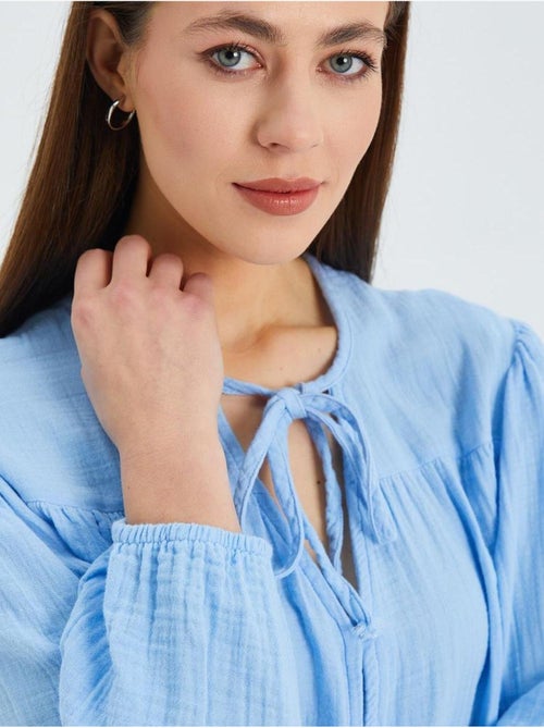 Chemise en seersucker à manches trois-quarts et col ras du cou avec détails de reliure mixray - Kiabi