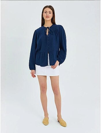 Chemise en seersucker à manches trois-quarts et col ras du cou avec détails de reliure mixray