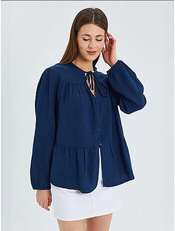 Chemise en seersucker à manches trois-quarts et col ras du cou avec détails de reliure mixray