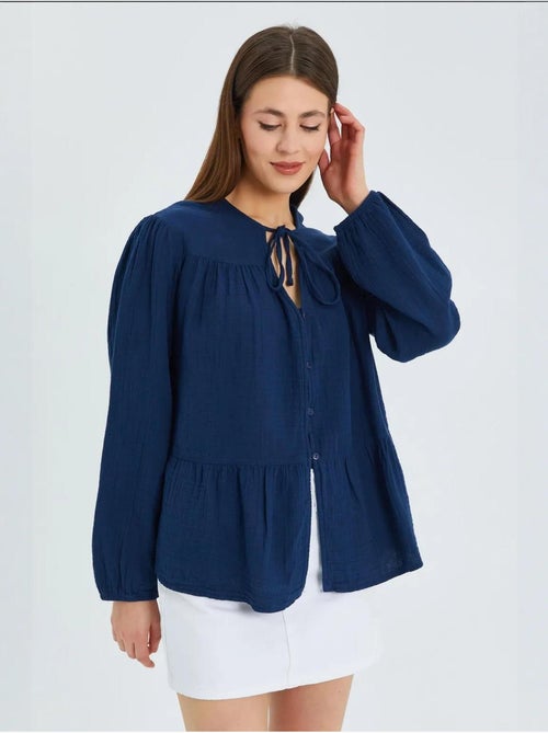 Chemise en seersucker à manches trois-quarts et col ras du cou avec détails de reliure mixray - Kiabi