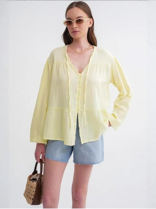 Chemise en seersucker à manches trois-quarts et col ras du cou avec détails de reliure mixray - Kiabi